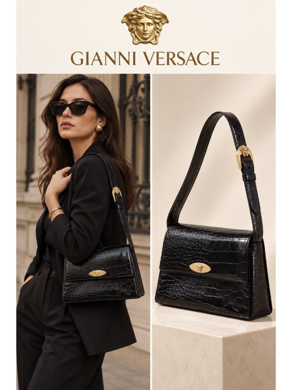 Vintage Gianni Versace Classic Black Croc Embossed Leather Medusa Shoulder Bag